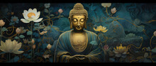 Golden Buddha And Lots Of Pink Lotus And Other Green Flowers With Blue Background