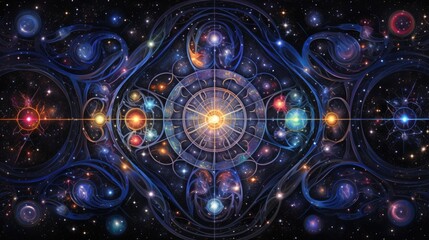 Wall Mural - Cosmic kaleidoscope background. Abstract sci-fi mandala fractal luminous neon glowing colorful lights wallpaper..
