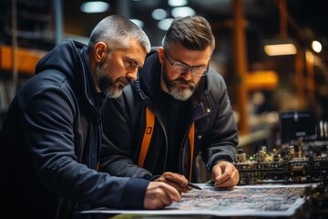 two electrical engineers working at a power station male engineer looks at electrical circuits and p