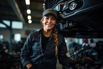 Canvas Print - Portrait Shot of a Female Mechanic Working Under Vehicle in a Car Service.