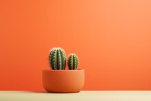 Green Cactus Closeup Over Bright Orange Pastel Background