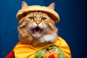 Wall Mural - laperm cat wearing a cheeseburger costume against a navy blue background