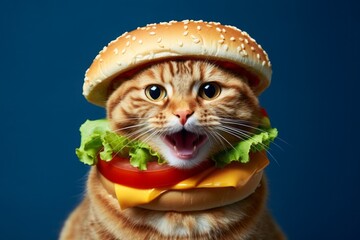 Wall Mural - laperm cat wearing a cheeseburger costume against a navy blue background