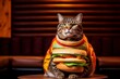 Lifestyle portrait photography of a happy serengeti cat wearing a cheeseburger costume against a rustic brown background. With generative AI technology