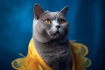 Wall Mural - Photography in the style of pensive portraiture of a funny chartreux cat wearing a butterfly costume against a soft blue background. With generative AI technology