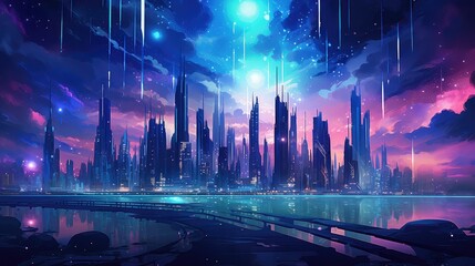 Sticker - light futuristic night city illustration scape digital, building future, street urban light futuristic night city