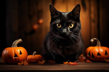 Wall Mural - Generative AI image of funny black cat celebrating halloween theme party in fantasy costume