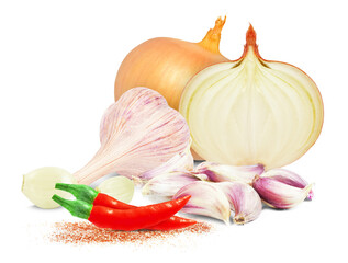 Wall Mural - garlic, onion and cayenne pepper isolated on white background