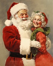 Santa And Mrs. Claus, Jolly And Smiling, Festive Father Christmas And Happy Wife, Vintage Couple Portrait
