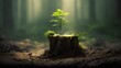 A young, vibrant tree sprouting from the center of an old, weathered tree stump, symbolizing resilience, rebirth, and the cyclical nature of life. Environmental conservation and sustainability.