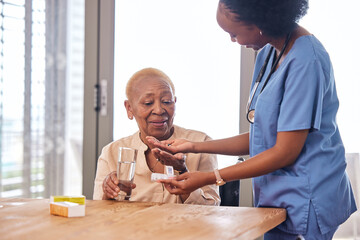 Sticker - Nurse giving old woman pills in home with water for healthcare, wellness and help. Caregiver, medicine and African patient with glass to drink medical drugs, vitamins and supplements in retirement