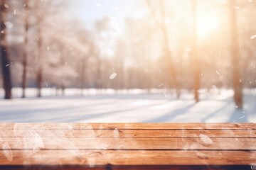 snow covered wooden table with winter scenery background Generative AI