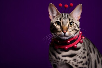 Wall Mural - Medium shot portrait photography of a smiling savannah cat wearing a ladybug costume against a deep purple background. With generative AI technology