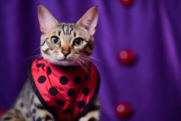 Wall Mural - Medium shot portrait photography of a smiling savannah cat wearing a ladybug costume against a deep purple background. With generative AI technology