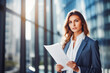 © VisualProduction - Businesswoman standing with document papers in city with glass buildings in background. Businesswoman reviewing documents in the city