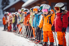 Ski School Children In Line. Happy Children. Children Learning How To Ski With Their Coach. Ski Holiday, Children Learning To Ski Bavaria, Germany.