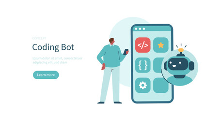 Programming concept. Character using chat bot made with neural network technology as coding and programming assistant. Vector illustration.
