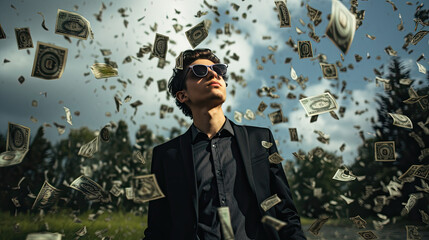 Attractive young man stands under money fly rain 