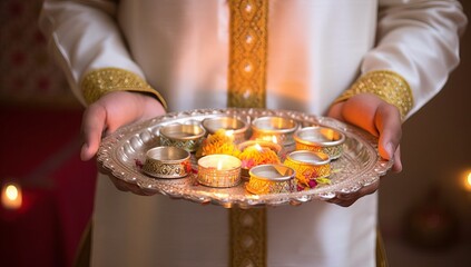 Sticker - Close up of the hands of a man holding a bowl with burning candles for diwali