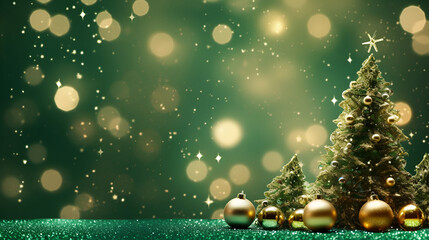 New Year green and gold background with Christmas tree decorated with balls 7