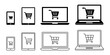 ネットショッピング、オンライン通販のショッピングカートとデバイスのベクターイラスト白黒アイコン素材セット