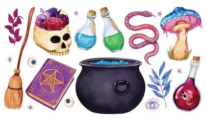 Magic witchy set, Halloween witchcraft watercolor vector elements isolated, cauldron, witch Broom, magical mushroom, mystical snake, potion and spell book