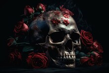 Gothic Skull With Smoke Decorated With Beautiful Red Roses. Death Bouquet