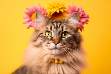  siberian cat wearing a sunflower costume against a coral pink background