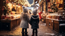 Two Toddler Children Boy Girl Standing Christmas Market Looking At Christmas Market Snow Atmospheric Lights Winter Season Holidays