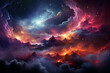 Beautiful space background. Abstract clouds, star dust, lights, mountains of an unknown planet.