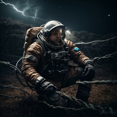 Wall Mural - astronaut in barbed wire trap generative ai