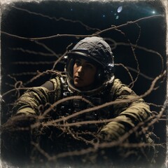 Wall Mural - astronaut in barbed wire trap generative ai