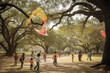 Within a bustling city park, children laughed as they flew kites under the watchful eyes of ancient oak trees, a timeless tableau of joy and nature's embrace.