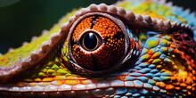 Chameleon's Eye, Multi - Colored Scales, Rainforest Backdrop, Extreme Detail, Vibrant Colors
