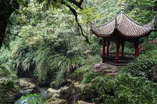 Whispering Brook And Dense Vegetation Surrounding A Fabulous Chinese Tea Hut On The Way To Emeishan, One Of The Four Sacred Buddhist Mountains In China.