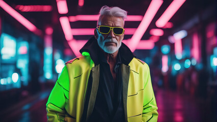 A high-fashion photo featuring an old male model in neon outfit avant-garde futuristic design. Blurred cyberpunk city as a background.