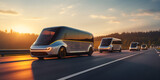 Fototapeta  - Futuristic double decker bus The concept of autonomous transportation sunset background