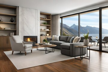 Modern scandinavian interior of living room with design grey sofa, armchair, a lot of plants, coffee table, carpet and personal accessories in cozy home deco