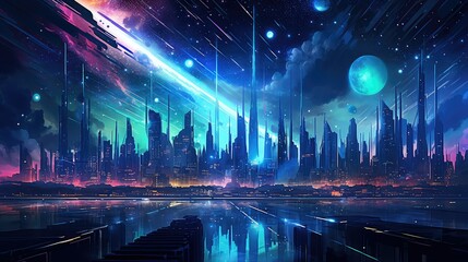 Sticker - modern futuristic night city illustration light scape, digital building, future street modern futuristic night city