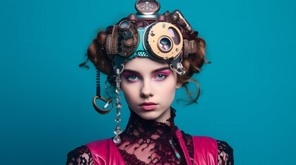 Colorful studio portrait of a teenager girl with steampunk outfit and accessories. Bold, vibrant and minimalist. Generative AI