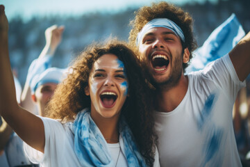 Excited sports fans wearing blue and white clothes celebrating the victory of their team. People chanting and cheering for their soccer team. Young people watching football match.