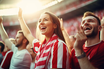 Excited sports fans wearing red and white clothes celebrating the victory of their team. People chanting and cheering for their soccer team. Young people watching football match.