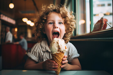 Funny cheerful child eating ice cream outdoors. Kids having a dessert. Sweet food for little children.