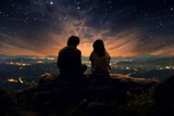 Fototapeta Natura - Silhouettes of a young couple admiring beautiful view on sunset. Man and woman looking at scenic night landscape. Lovers stargazing.