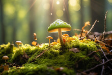 Fairytale Mushrooms Growing In Green Moss In Sunny Magical Forest.