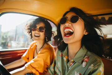 Two cheerful female friends going on a road trip together. Two beautiful women riding in a car.