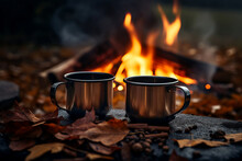 Two Metal Enamel Cups Of Hot Steaming Tea On Wooden Log By An Outdoor Campfire. Drinking Warm Beverage By A Bonfire.