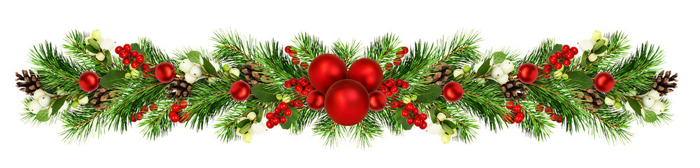 snowberries with green twigs of christmas tree, red decorations and cones in a festive garland isola