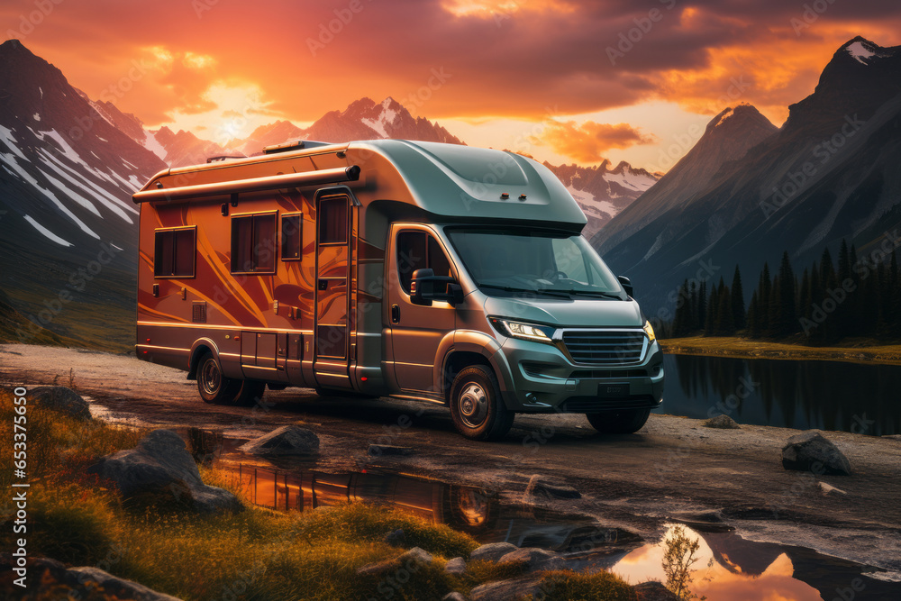 Scenic nature mountain view with a road side parked RV motorhome ...