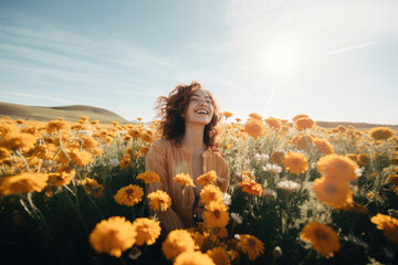 Wall Mural -  Beautiful smiling carefree woman with opened arms in a meadow